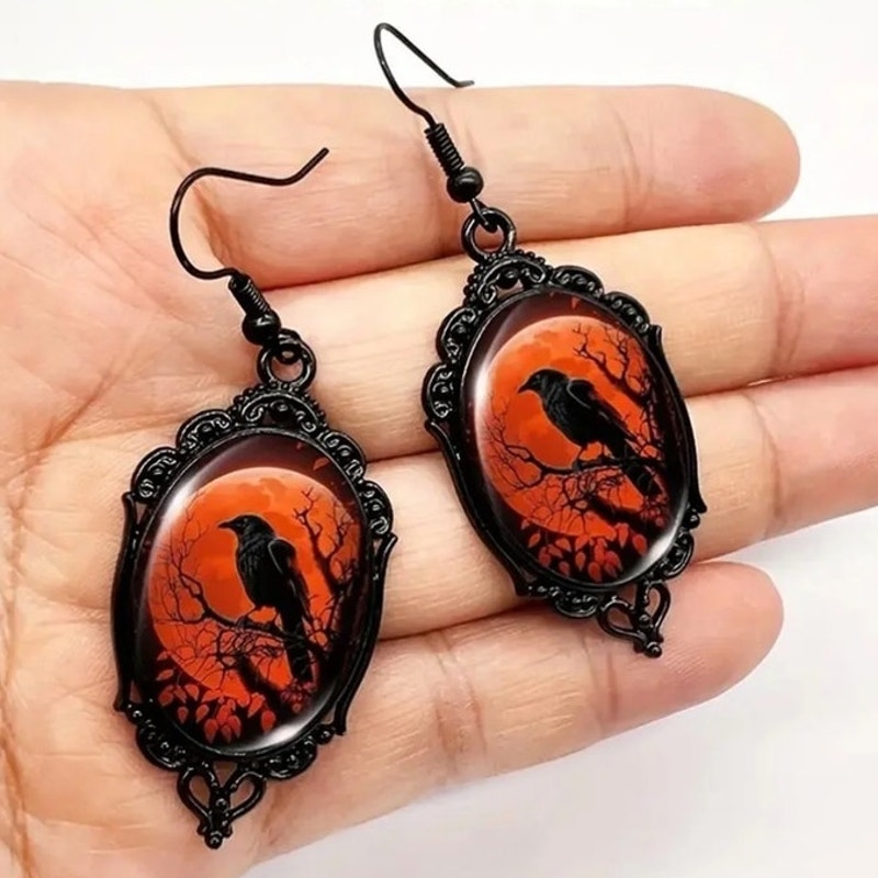 Gothic Raven Cameo Drop Hook Earring Lace Frame Blk Orange Whimsygoth Witchy Nwt